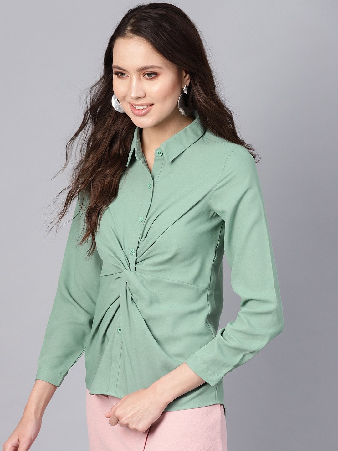 Women's Olive Front Knot Shirt Top - SASSAFRAS