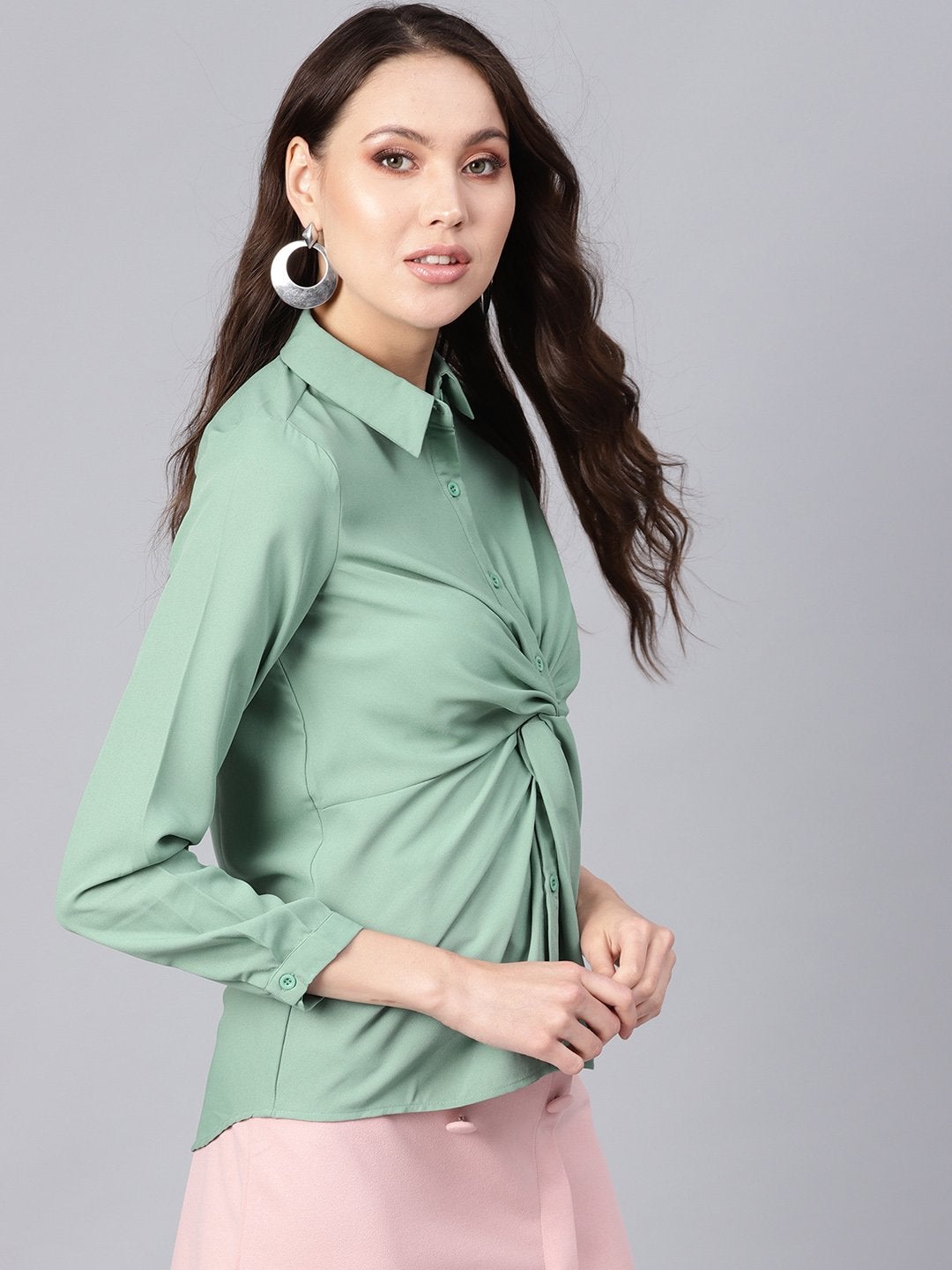 Women's Olive Front Knot Shirt Top - SASSAFRAS