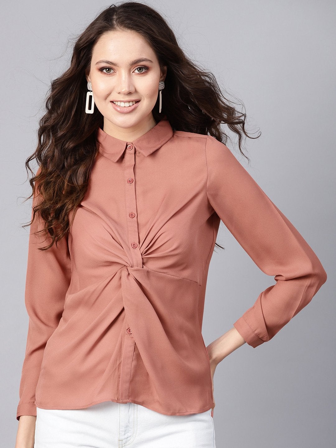 Women's Pink Front Knot Shirt Top - SASSAFRAS