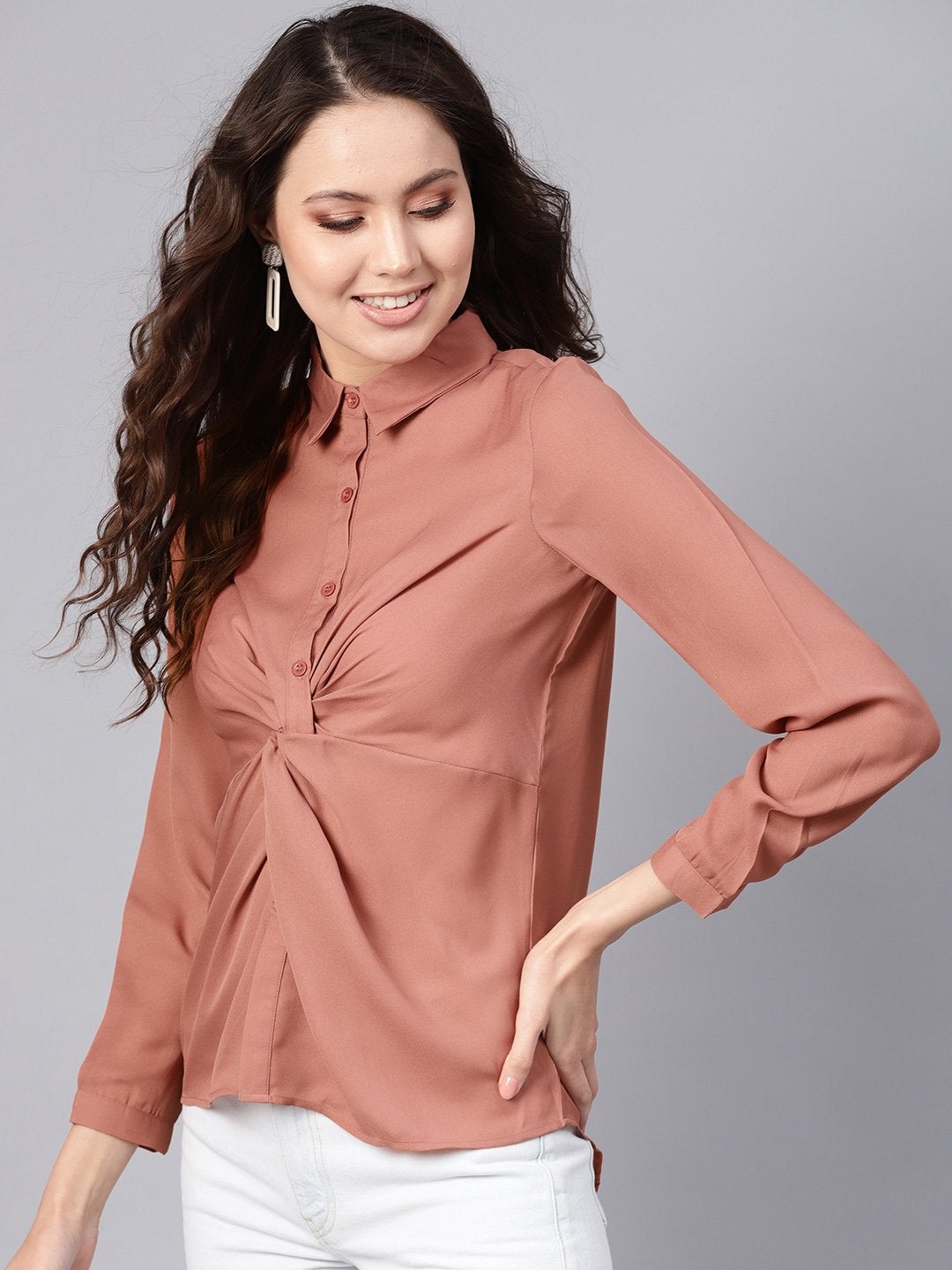 Women's Pink Front Knot Shirt Top - SASSAFRAS