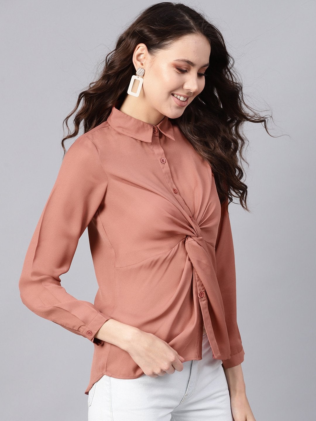 Women's Pink Front Knot Shirt Top - SASSAFRAS