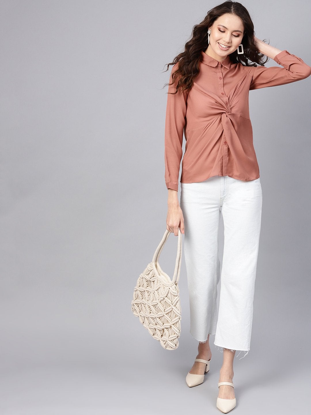 Women's Pink Front Knot Shirt Top - SASSAFRAS