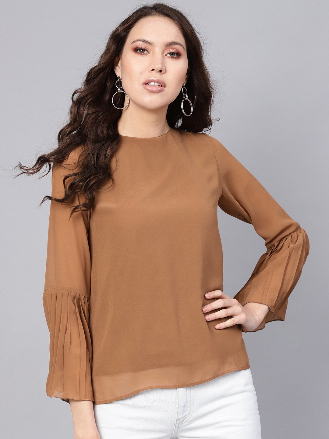 Women's Brown Pleated Sleeve Frill Hem Top - SASSAFRAS