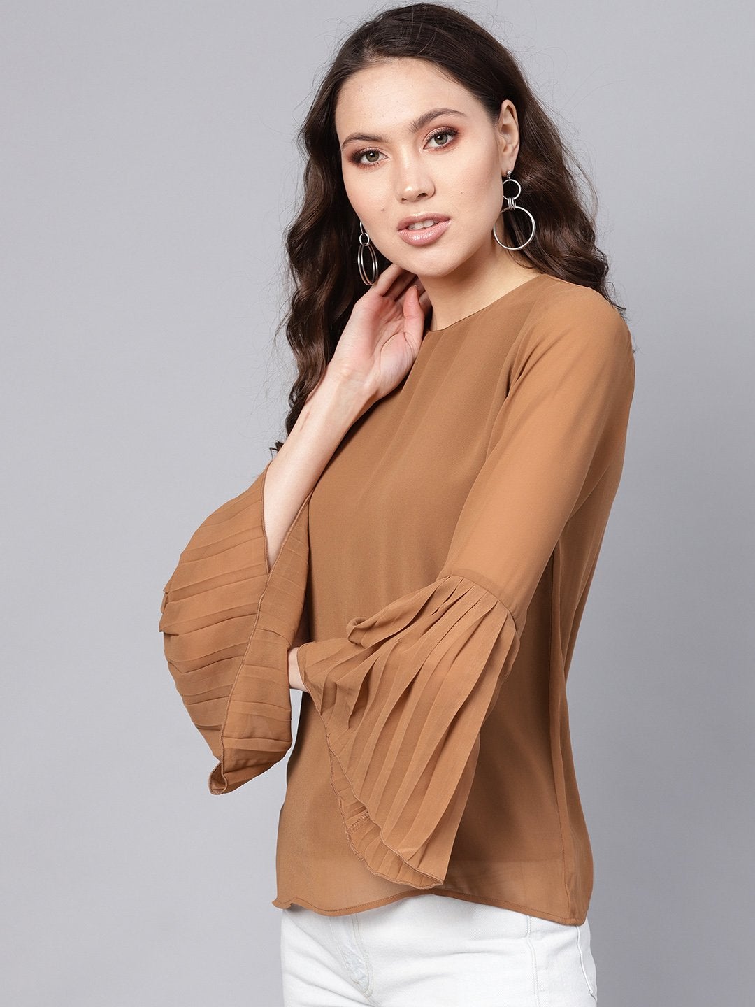 Women's Brown Pleated Sleeve Frill Hem Top - SASSAFRAS