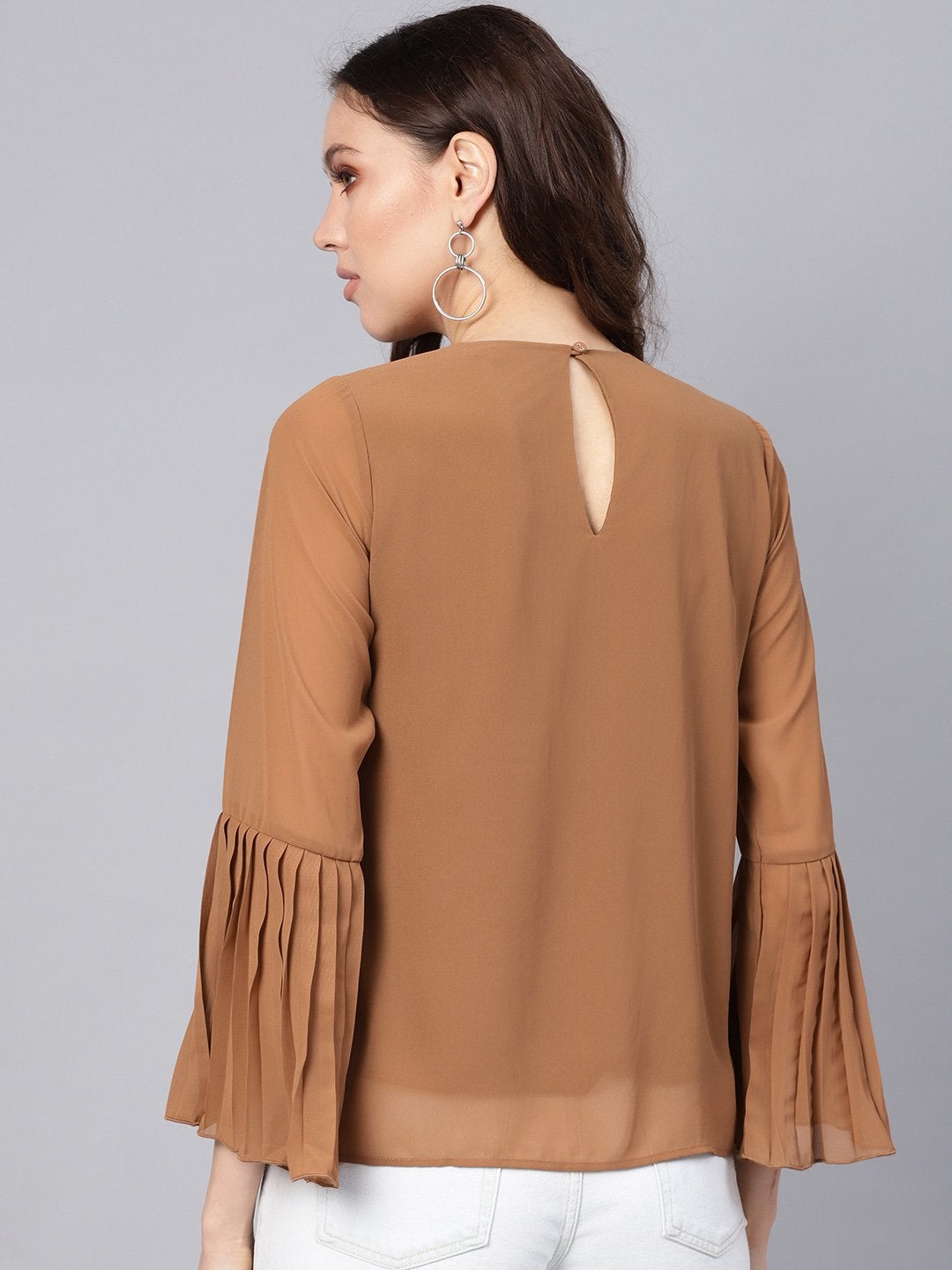 Women's Brown Pleated Sleeve Frill Hem Top - SASSAFRAS