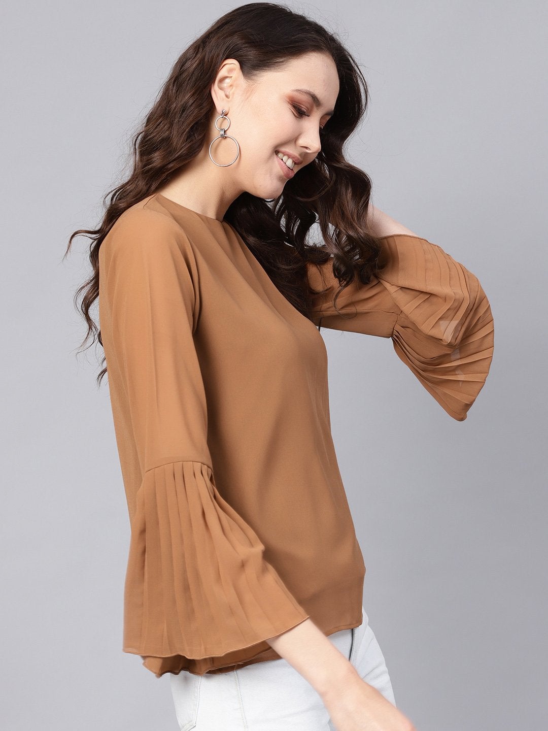 Women's Brown Pleated Sleeve Frill Hem Top - SASSAFRAS