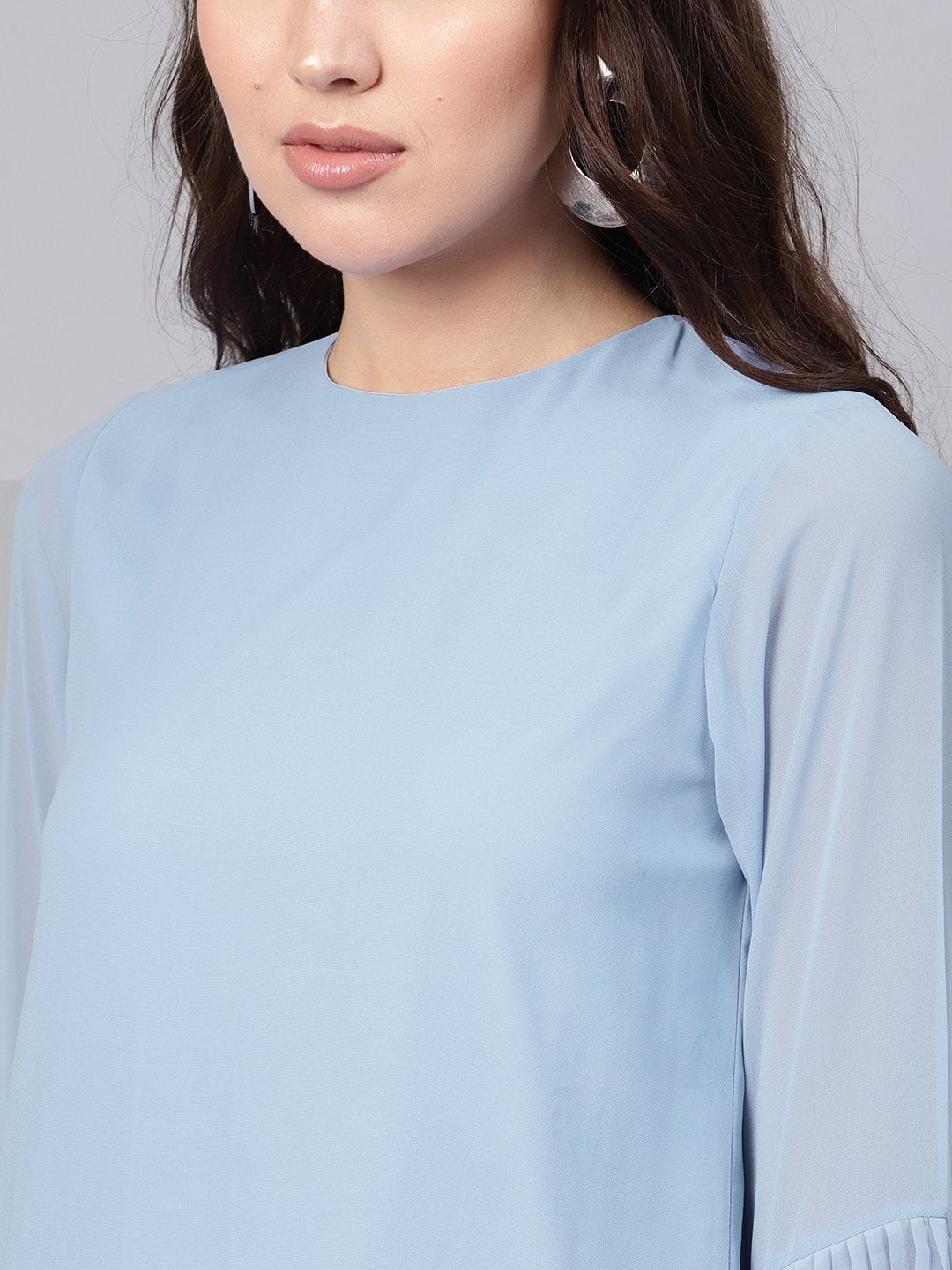 Women's Blue Pleated Sleeve Frill Hem Top - SASSAFRAS