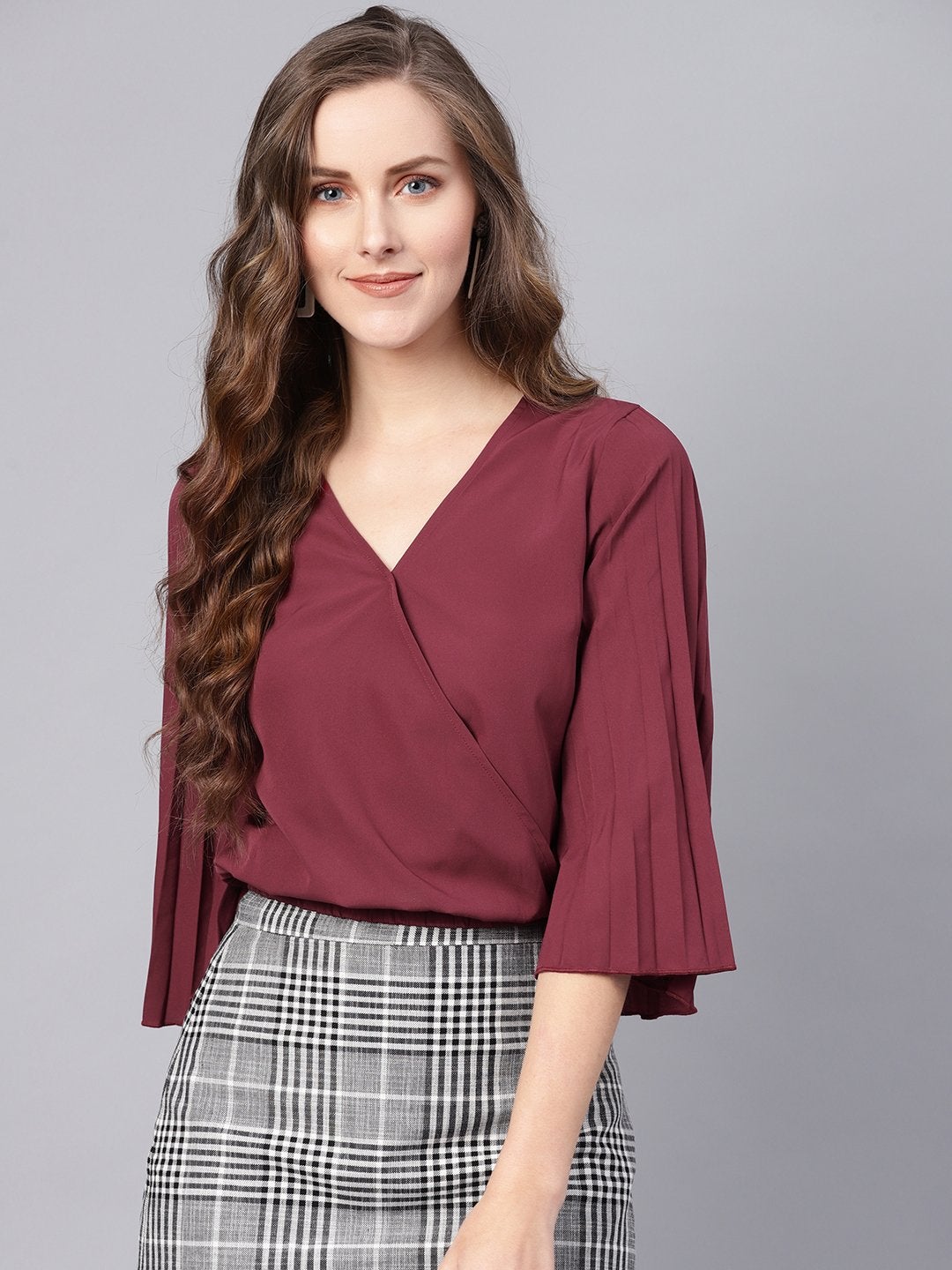 Women's Burgundy Wrap Pleated Flared Sleeve Crop Top - SASSAFRAS