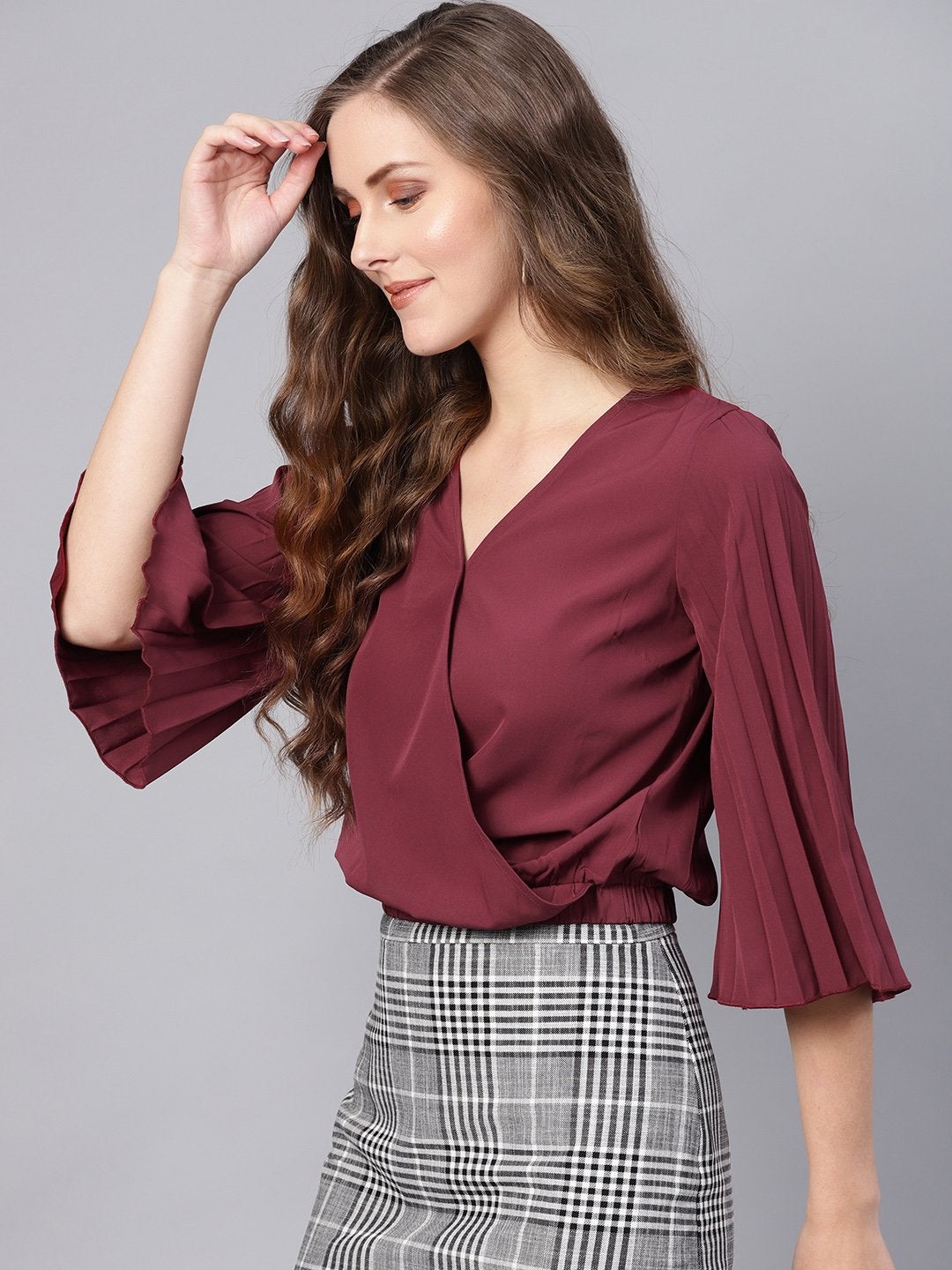 Women's Burgundy Wrap Pleated Flared Sleeve Crop Top - SASSAFRAS