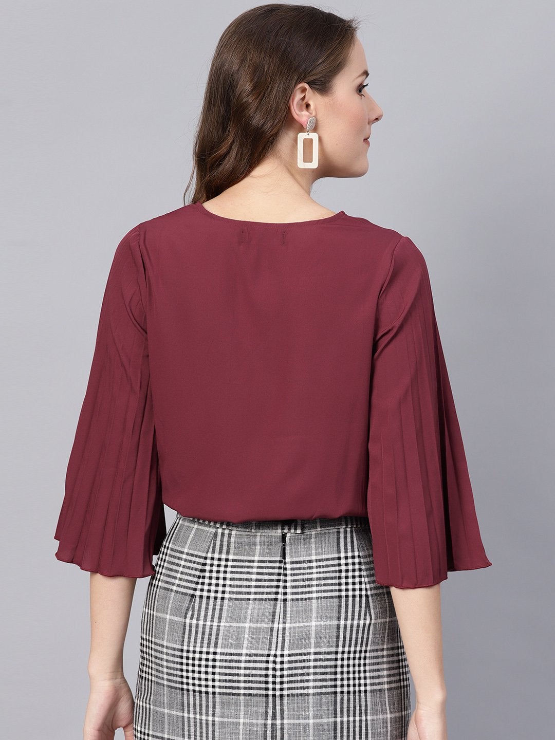 Women's Burgundy Wrap Pleated Flared Sleeve Crop Top - SASSAFRAS