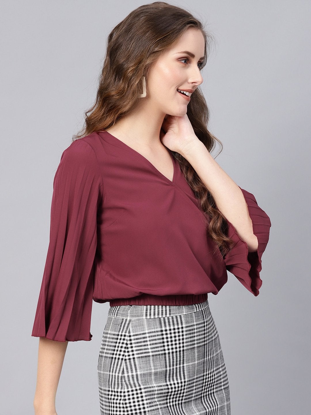 Women's Burgundy Wrap Pleated Flared Sleeve Crop Top - SASSAFRAS