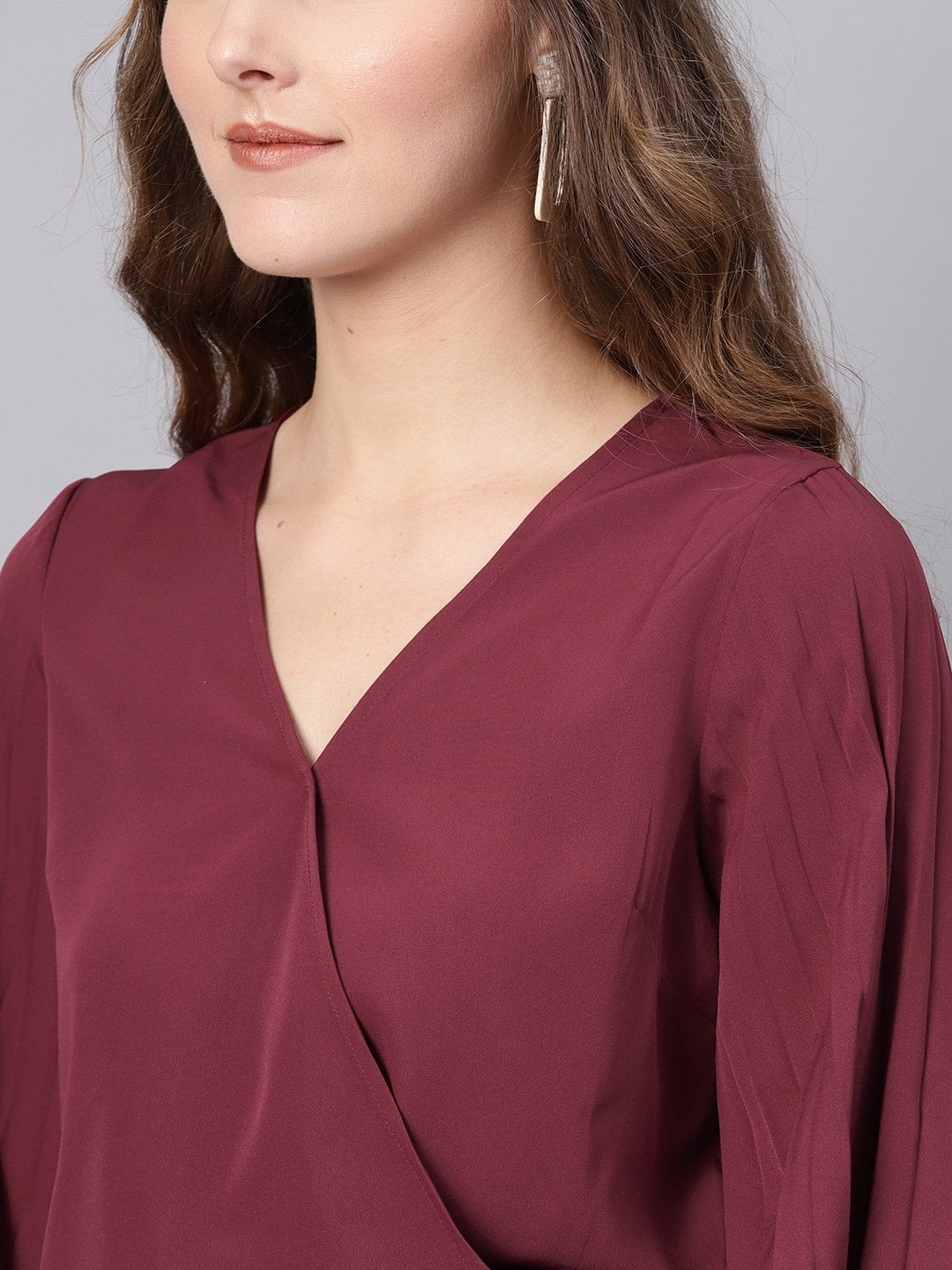 Women's Burgundy Wrap Pleated Flared Sleeve Crop Top - SASSAFRAS