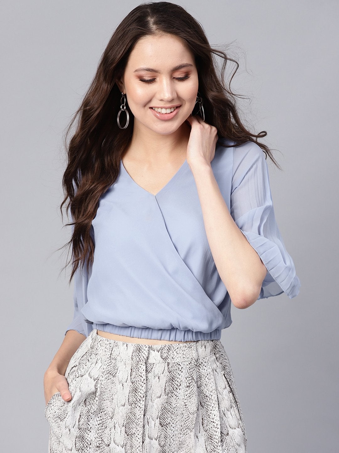 Women's Blue Wrap Pleated Flared Sleeve Crop Top - SASSAFRAS