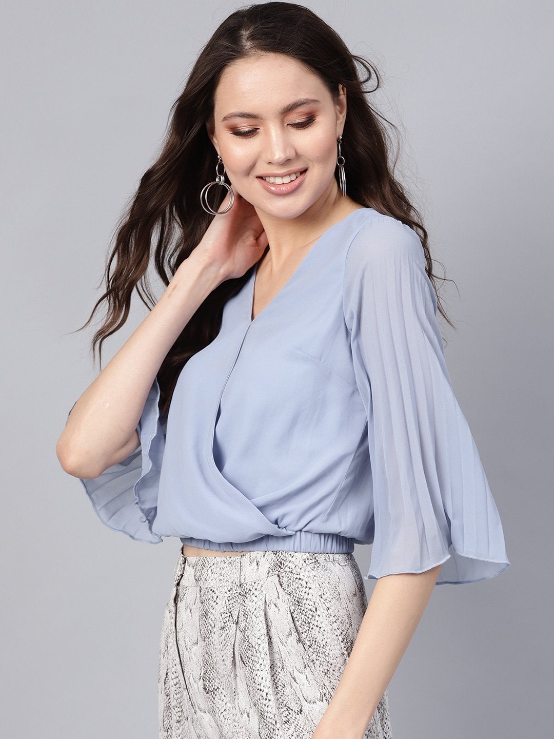 Women's Blue Wrap Pleated Flared Sleeve Crop Top - SASSAFRAS