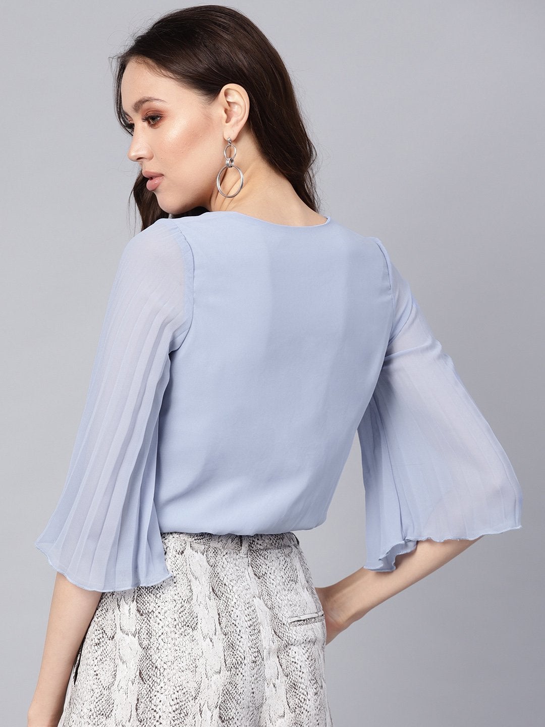 Women's Blue Wrap Pleated Flared Sleeve Crop Top - SASSAFRAS