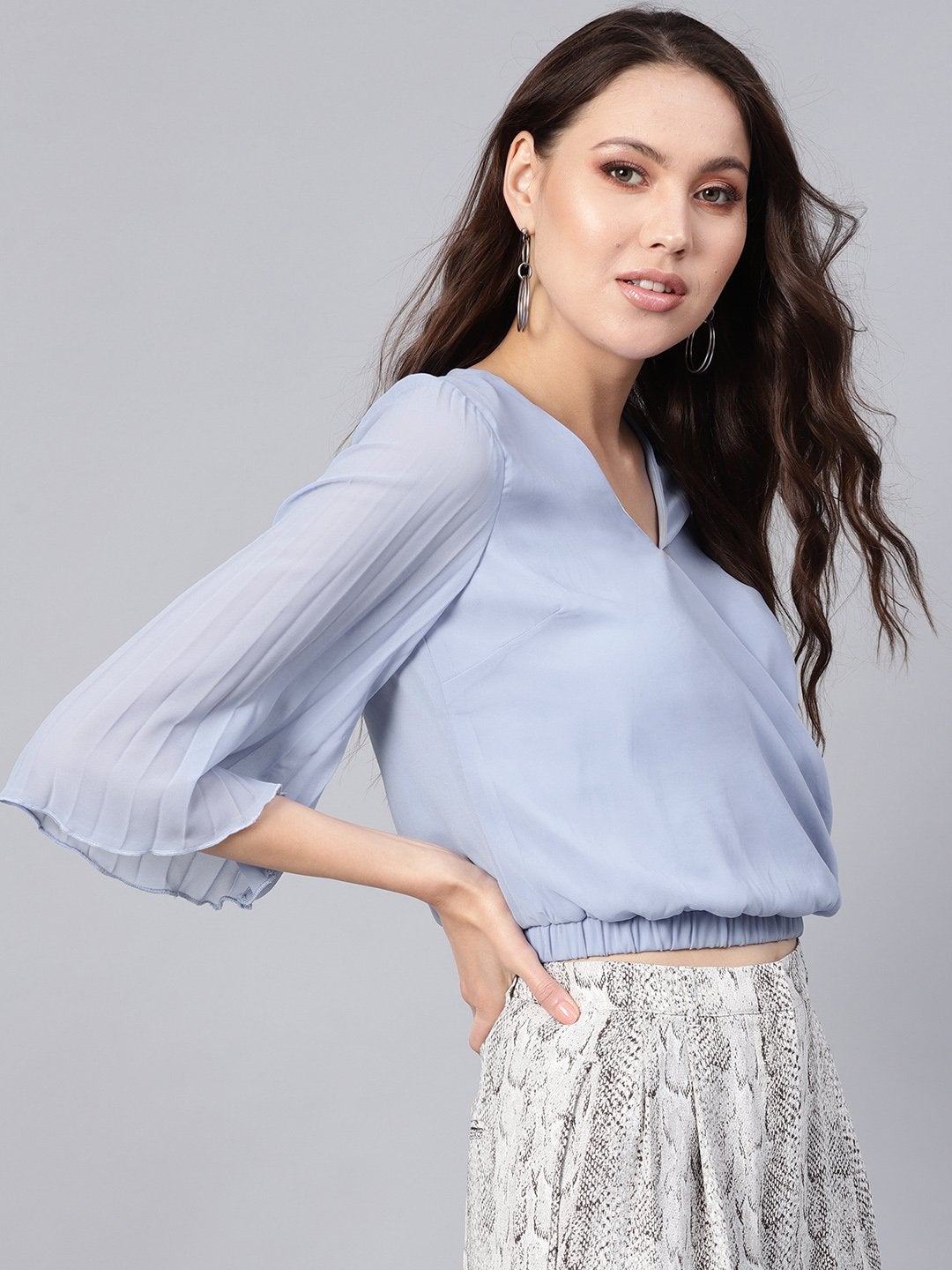 Women's Blue Wrap Pleated Flared Sleeve Crop Top - SASSAFRAS