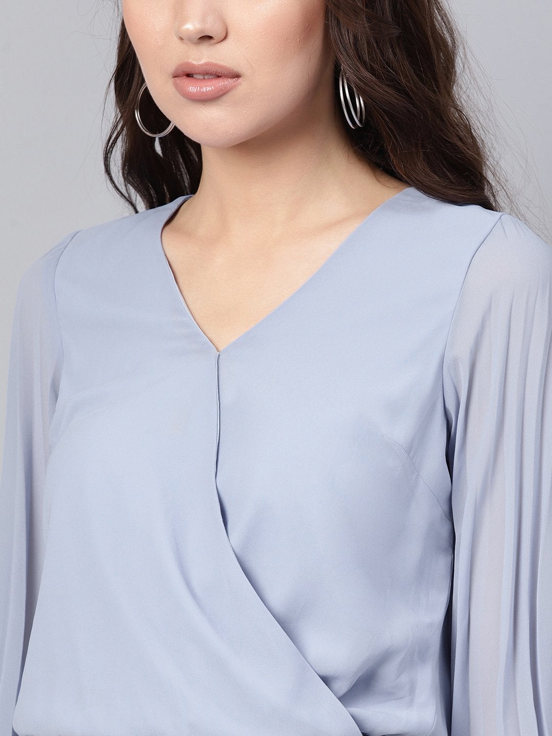 Women's Blue Wrap Pleated Flared Sleeve Crop Top - SASSAFRAS