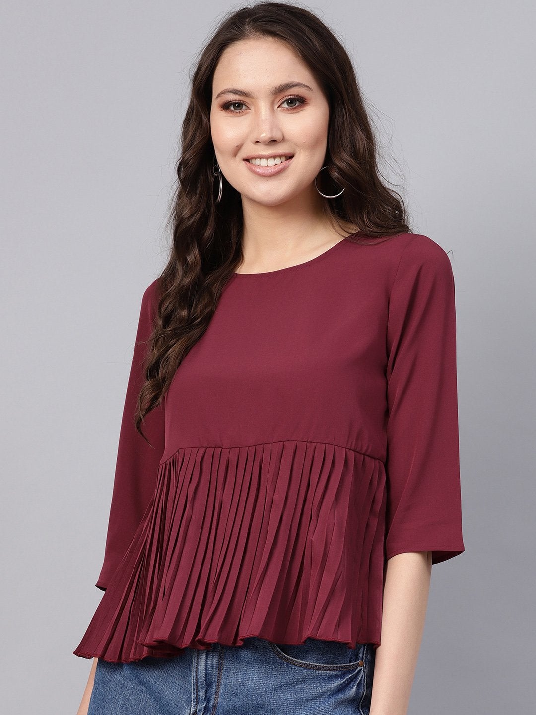 Women's Burgundy Pleated Peplum Top - SASSAFRAS