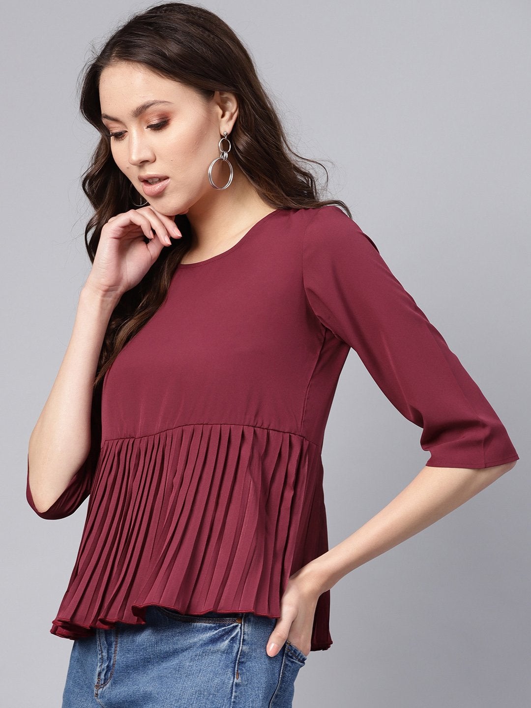 Women's Burgundy Pleated Peplum Top - SASSAFRAS