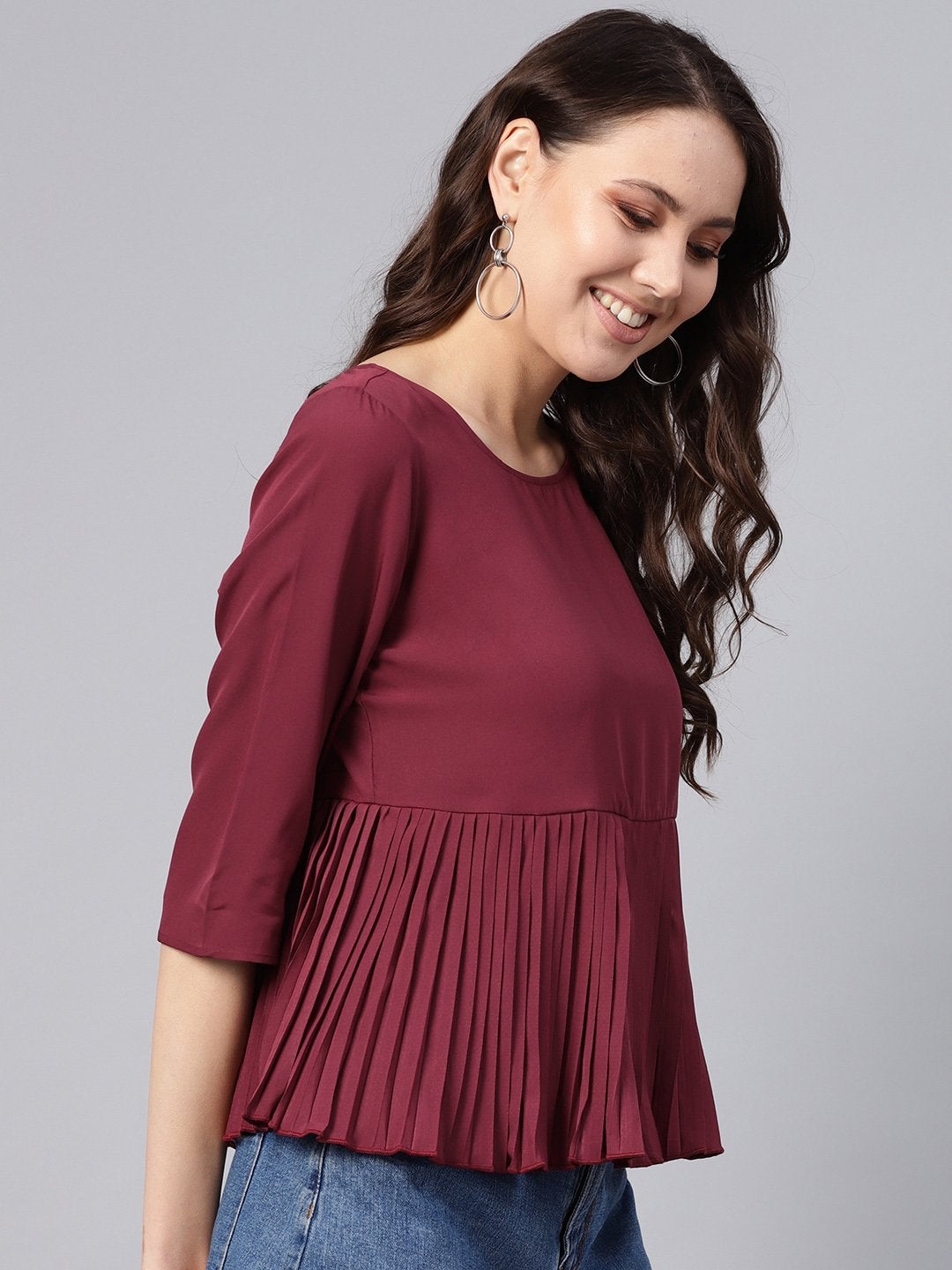 Women's Burgundy Pleated Peplum Top - SASSAFRAS