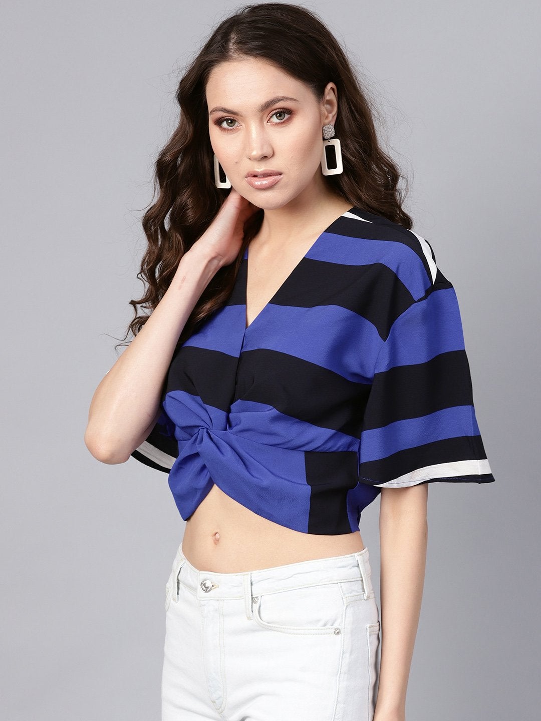 Women's Blue Stripe Twisted Crop Top - SASSAFRAS