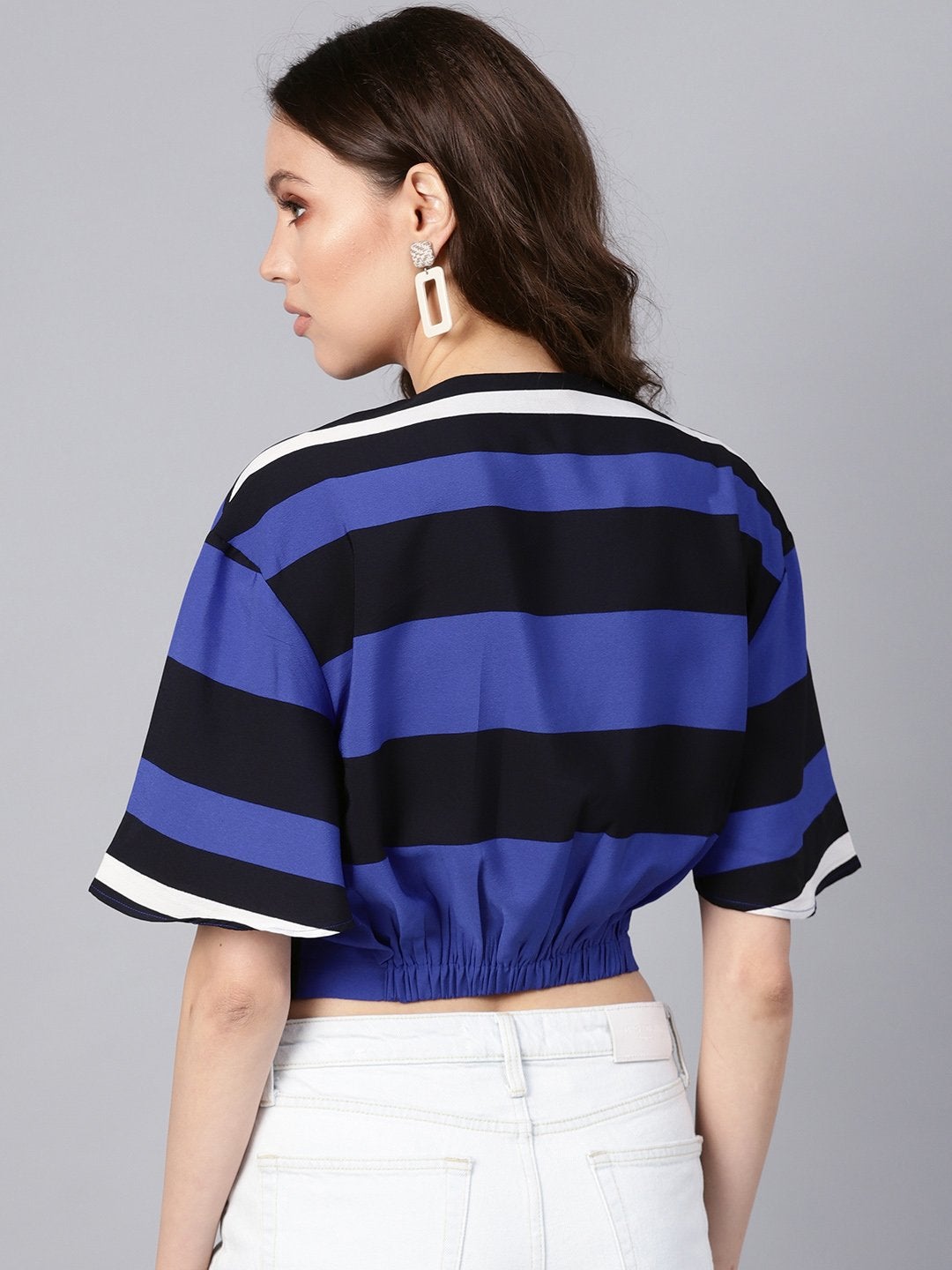 Women's Blue Stripe Twisted Crop Top - SASSAFRAS