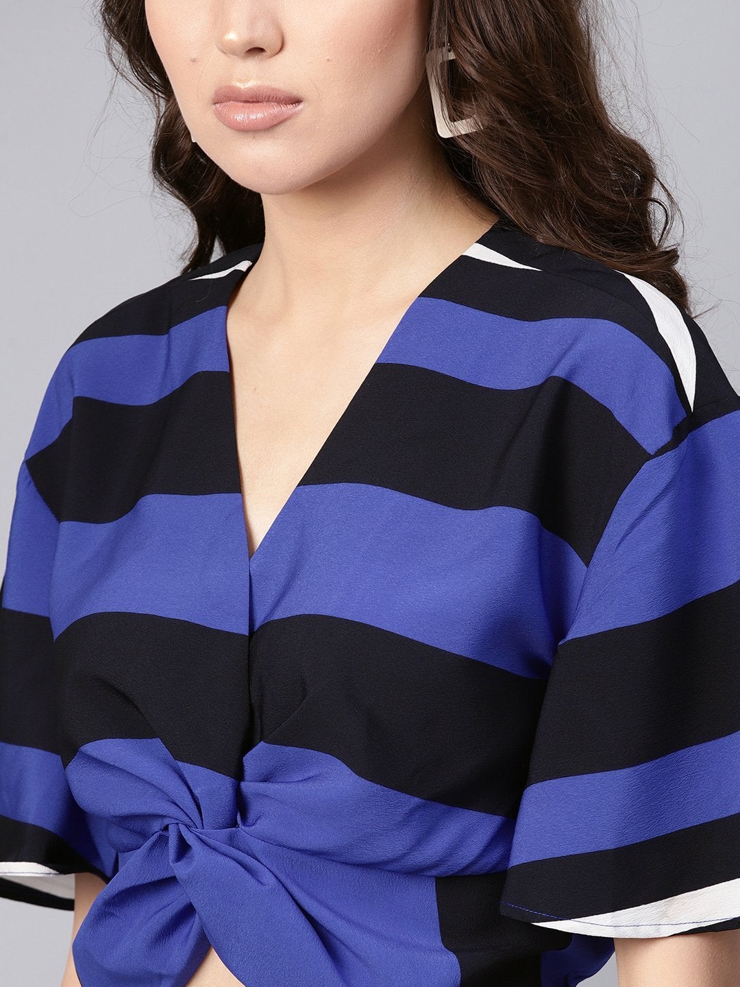 Women's Blue Stripe Twisted Crop Top - SASSAFRAS