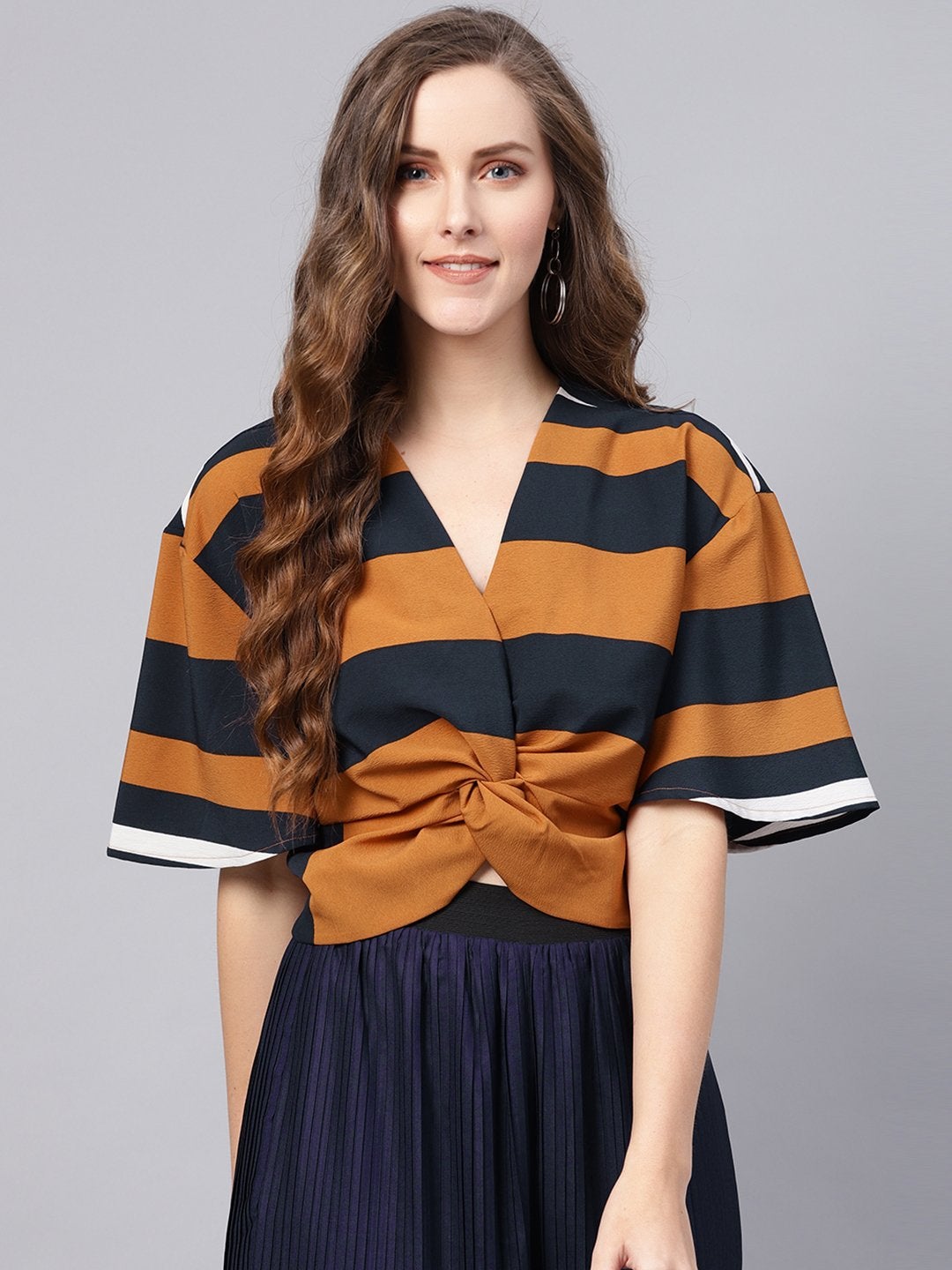 Women's Brown Stripe Twisted Crop Top - SASSAFRAS