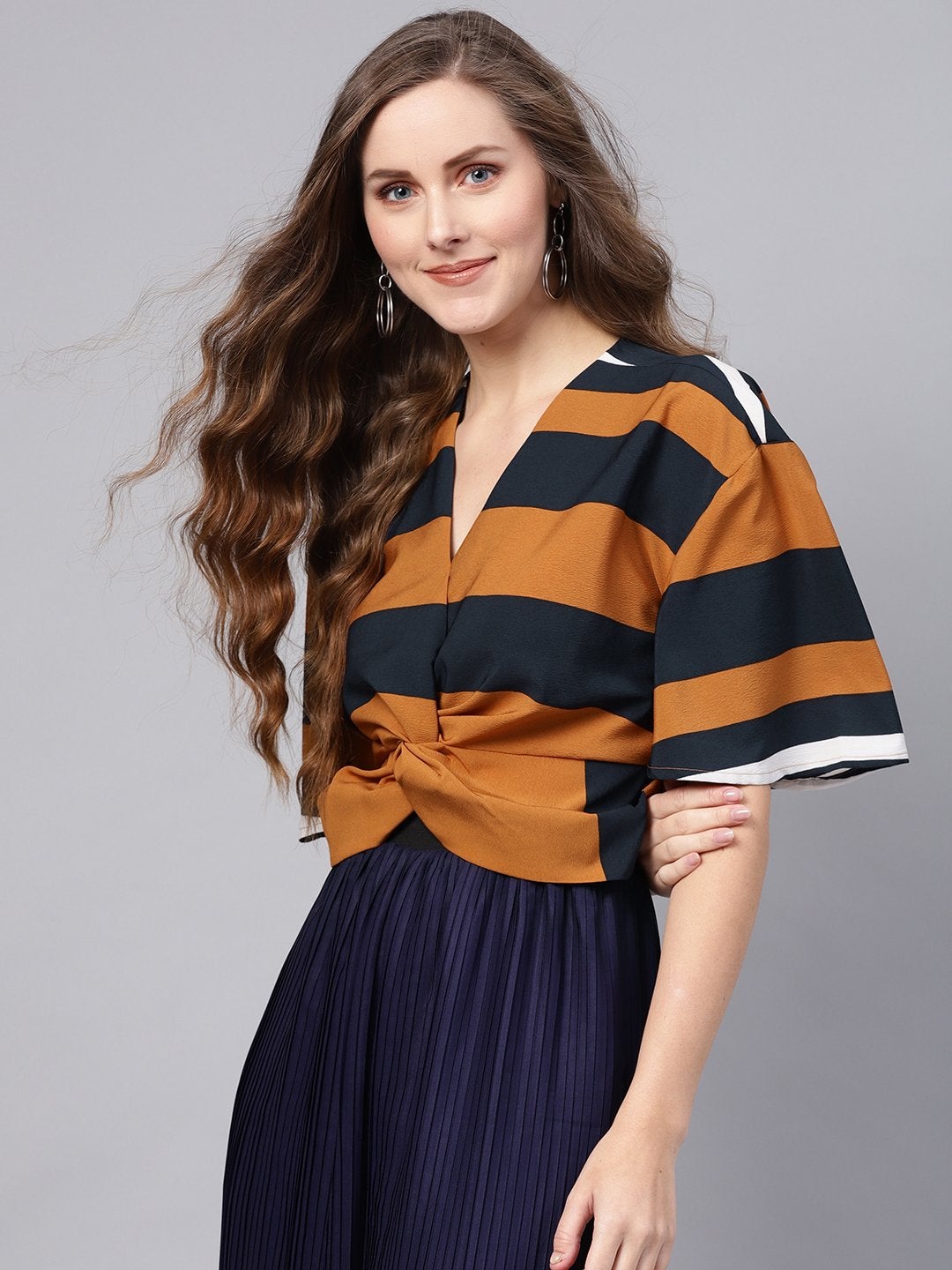 Women's Brown Stripe Twisted Crop Top - SASSAFRAS