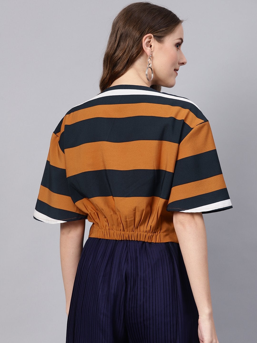 Women's Brown Stripe Twisted Crop Top - SASSAFRAS