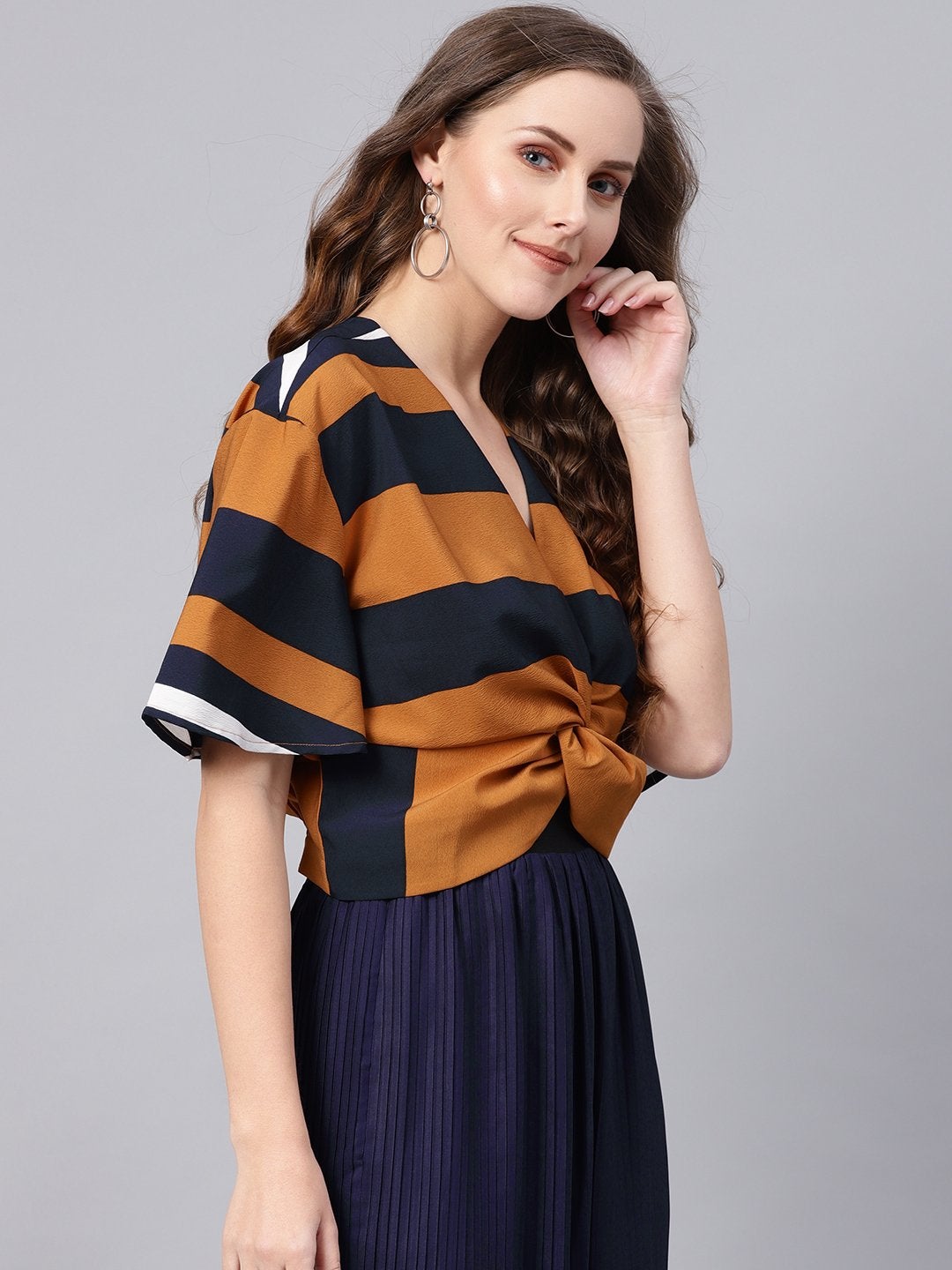 Women's Brown Stripe Twisted Crop Top - SASSAFRAS