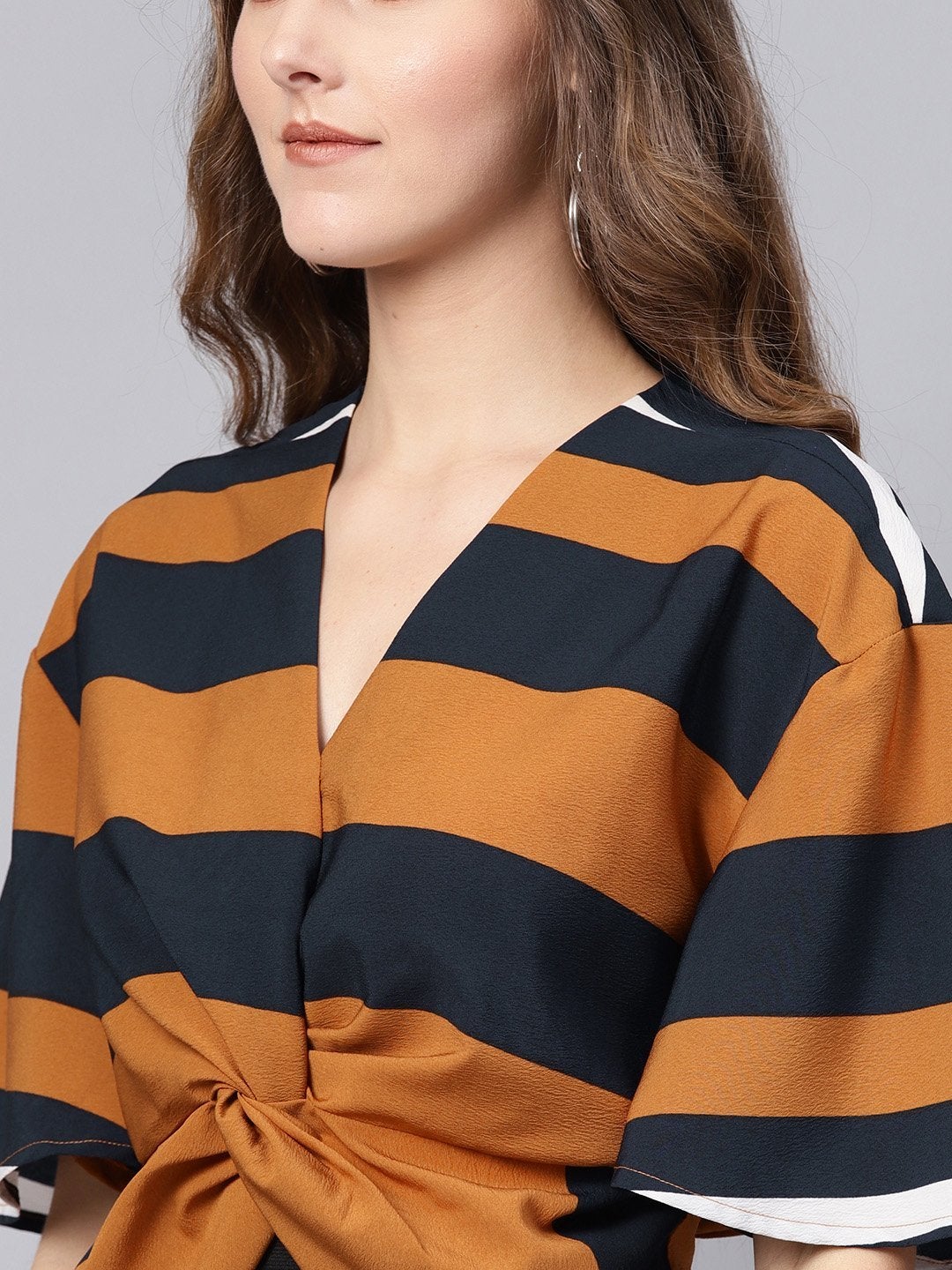 Women's Brown Stripe Twisted Crop Top - SASSAFRAS