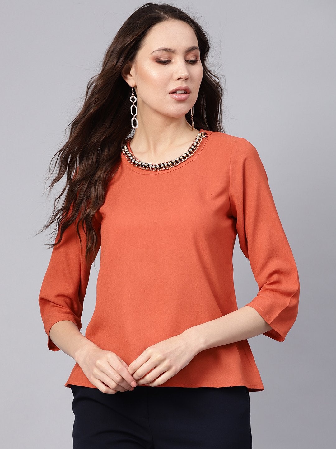 Women's Rust Front Embellished Necklace Top - SASSAFRAS