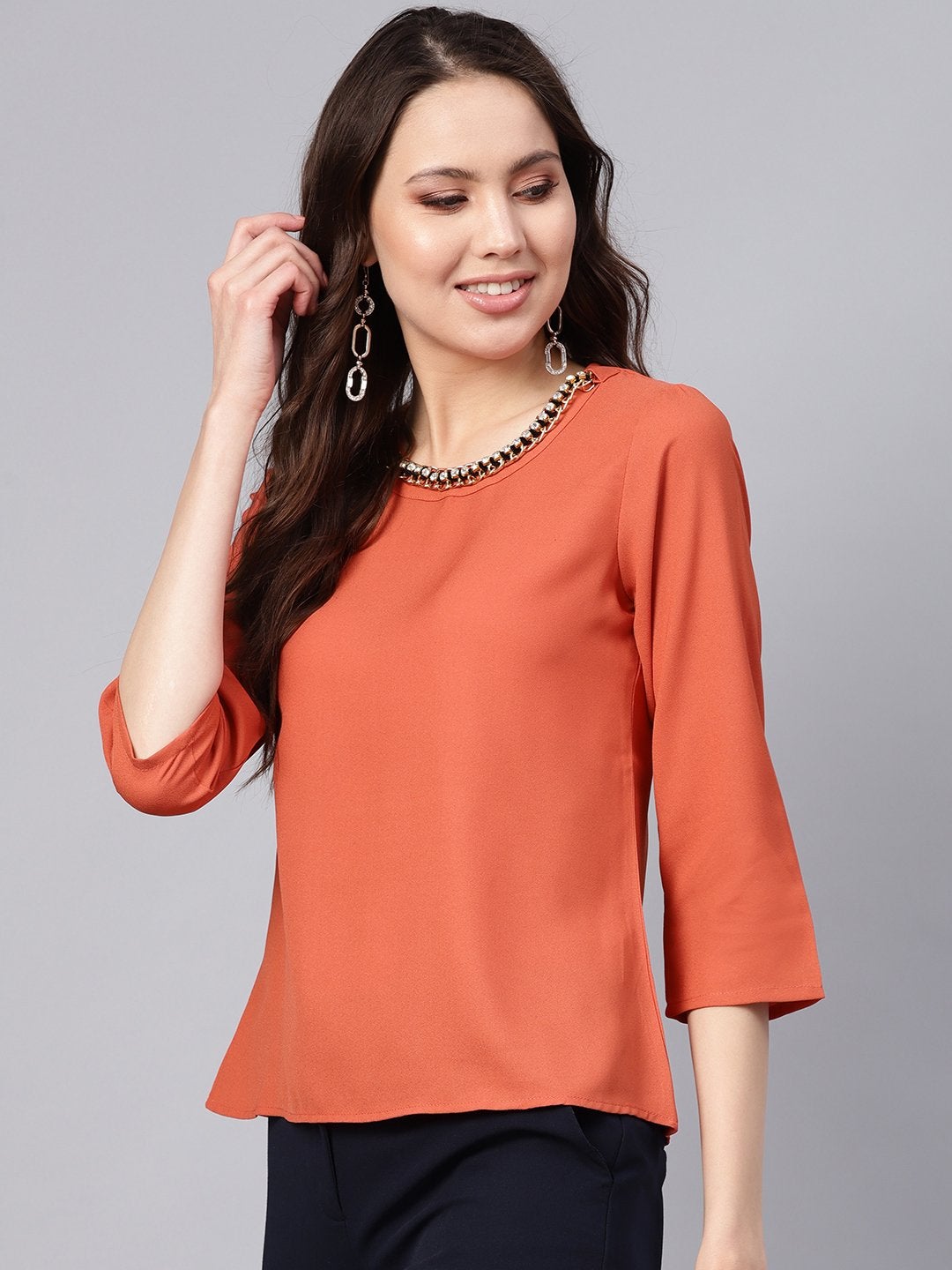 Women's Rust Front Embellished Necklace Top - SASSAFRAS