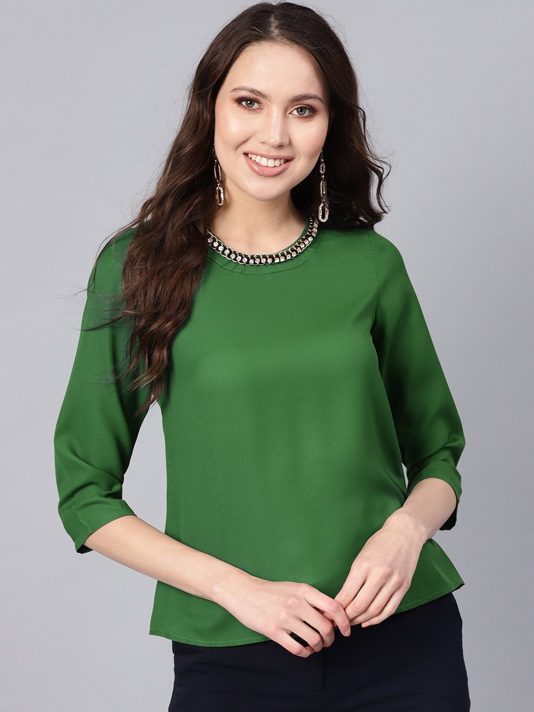 Women's Green Front Embellished Necklace Top - SASSAFRAS