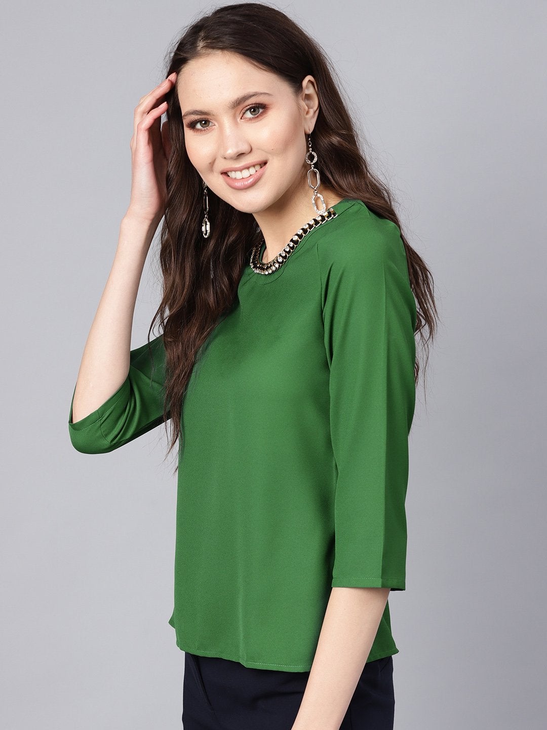 Women's Green Front Embellished Necklace Top - SASSAFRAS