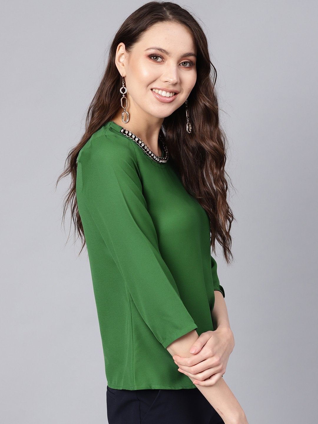 Women's Green Front Embellished Necklace Top - SASSAFRAS