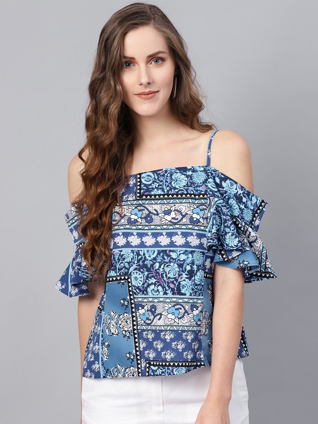 Women's Blue Floral Cold Shoulder Strappy Top - SASSAFRAS