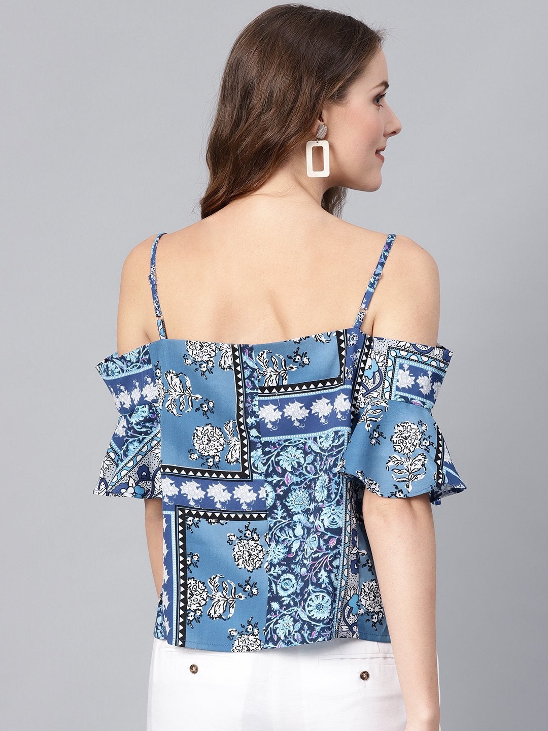 Women's Blue Floral Cold Shoulder Strappy Top - SASSAFRAS