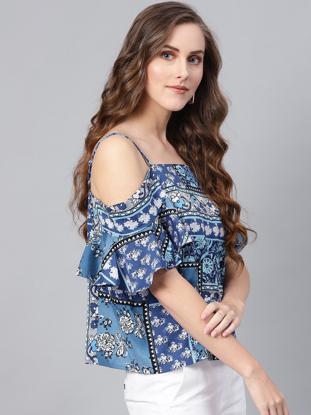 Women's Blue Floral Cold Shoulder Strappy Top - SASSAFRAS