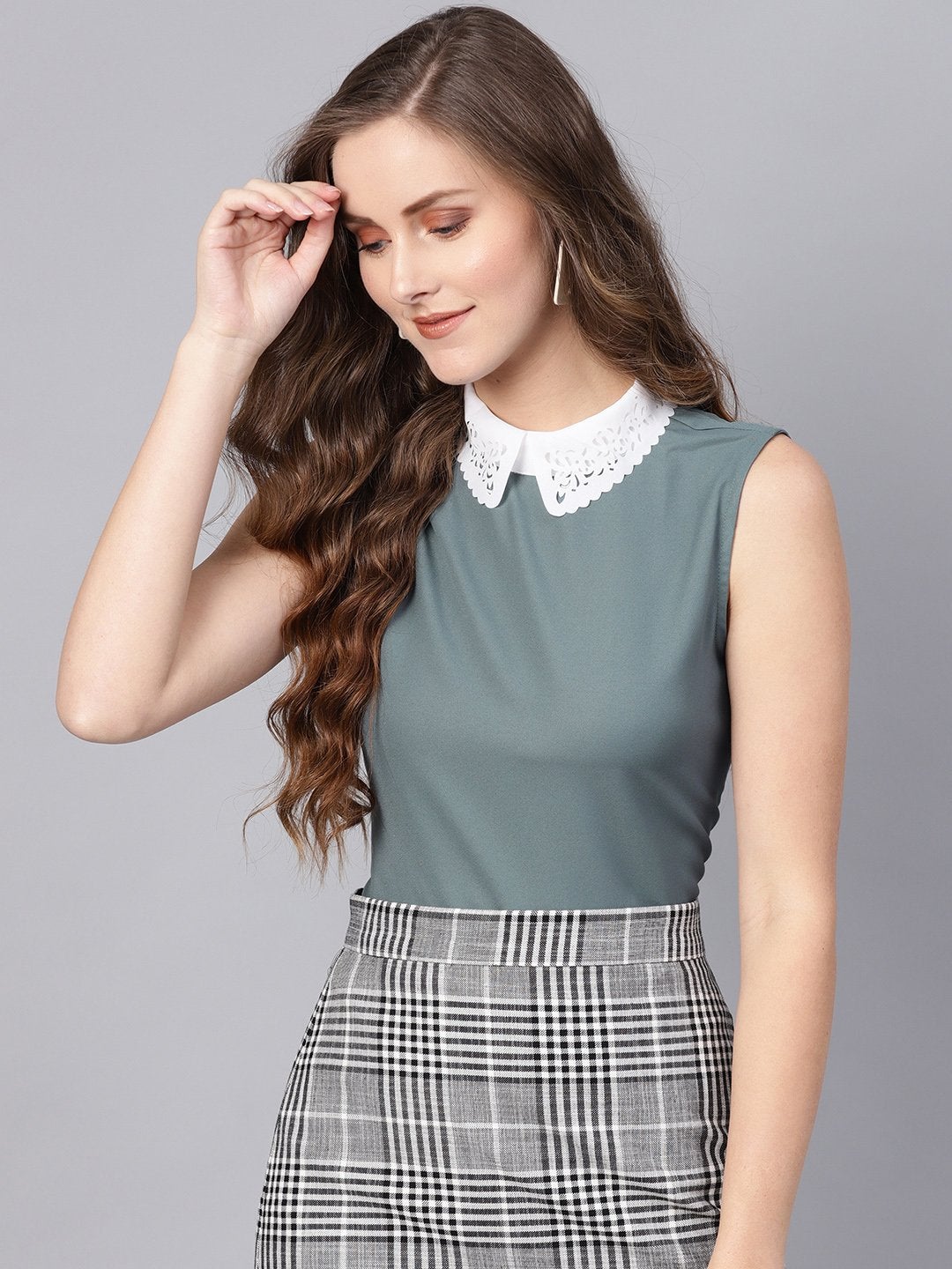 Women's Teal Collar Sleeveless Top - SASSAFRAS