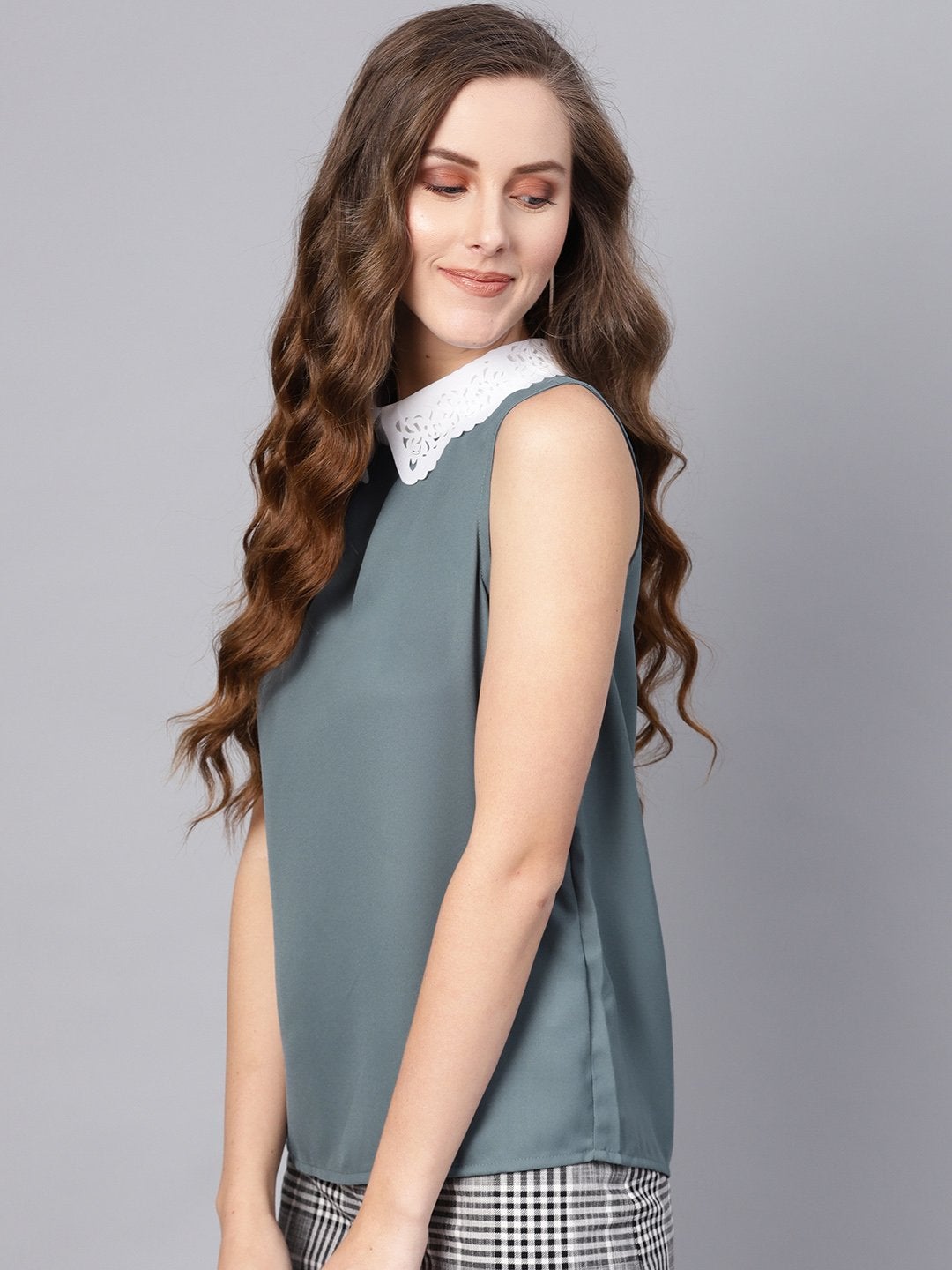 Women's Teal Collar Sleeveless Top - SASSAFRAS