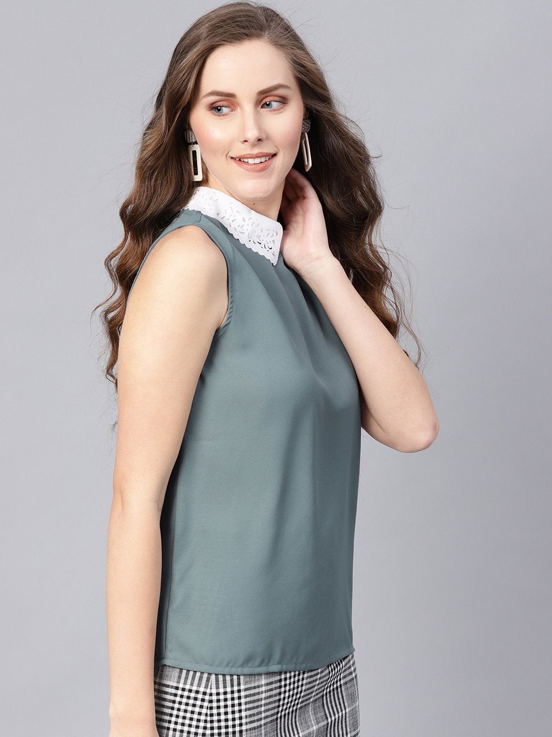 Women's Teal Collar Sleeveless Top - SASSAFRAS