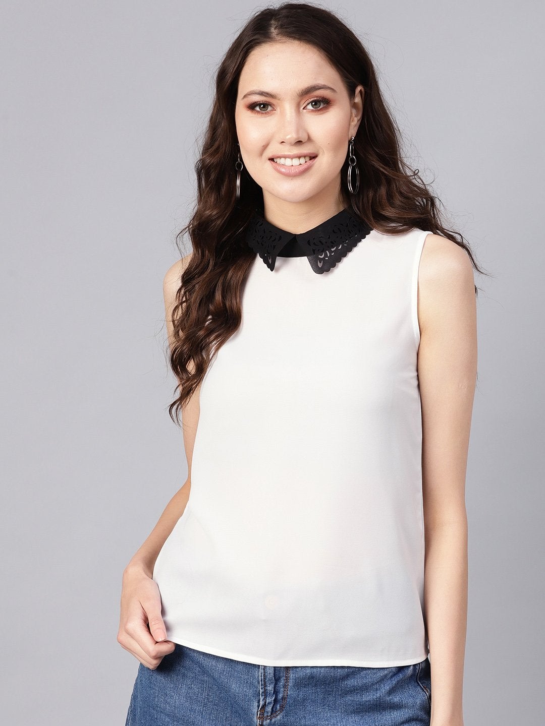 Women's White Collar Sleeveless Top - SASSAFRAS