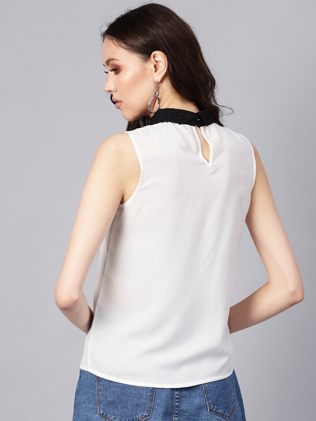 Women's White Collar Sleeveless Top - SASSAFRAS