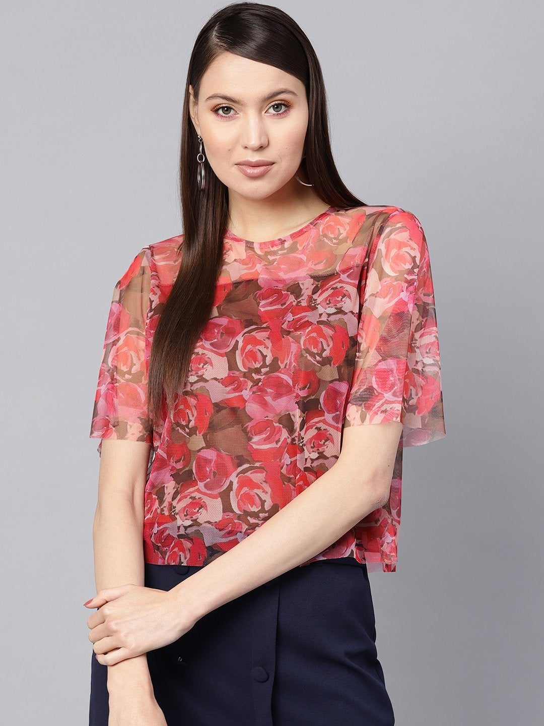 Women's Pink Rose Floral Mesh Top - SASSAFRAS