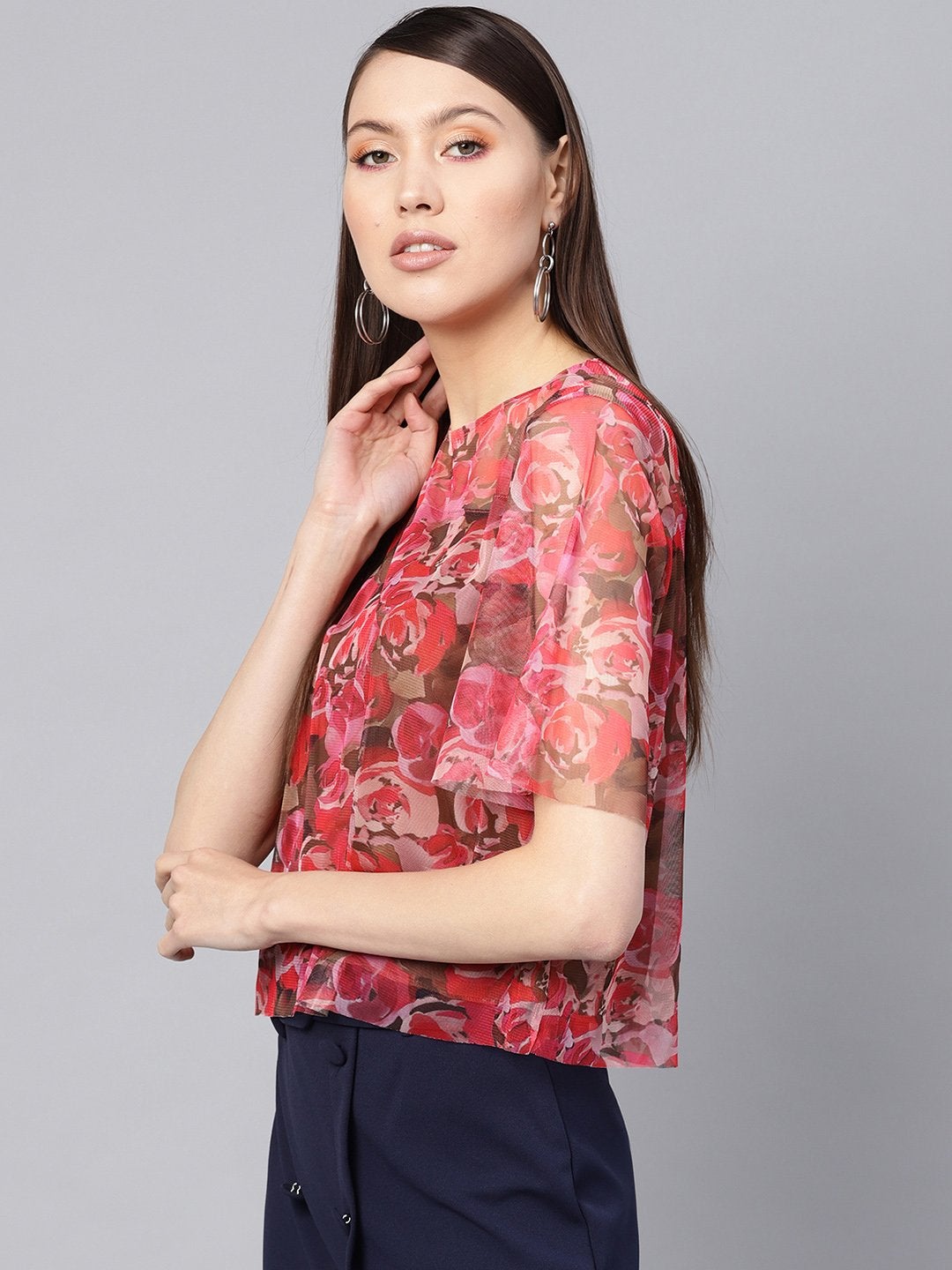 Women's Pink Rose Floral Mesh Top - SASSAFRAS