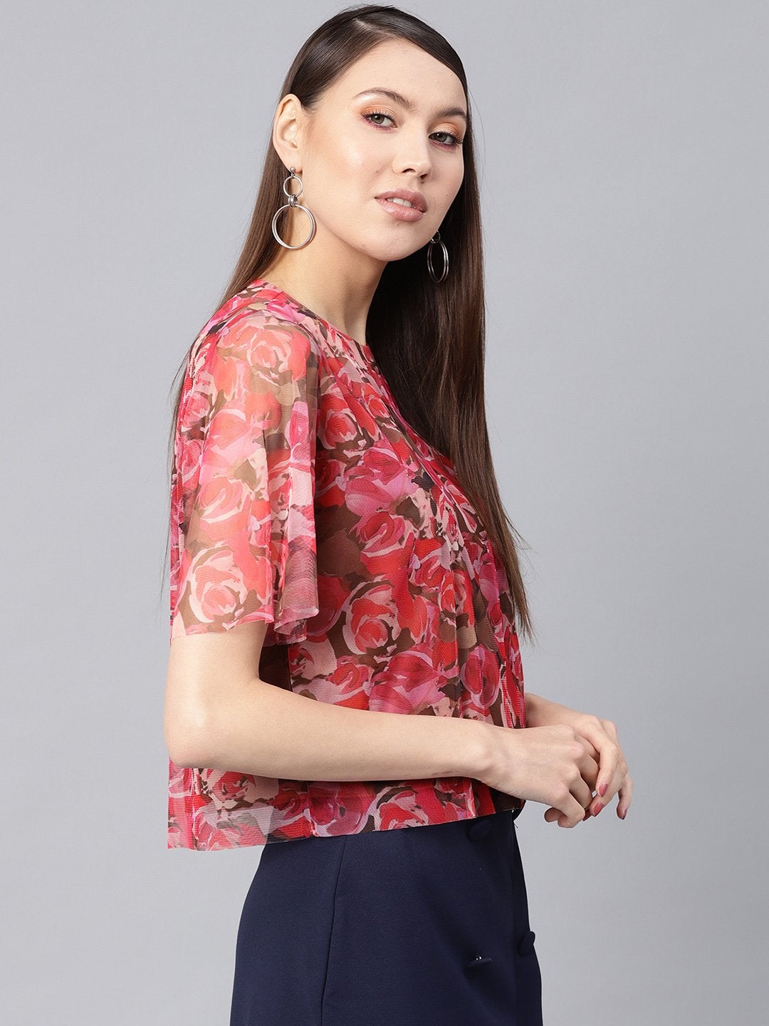 Women's Pink Rose Floral Mesh Top - SASSAFRAS