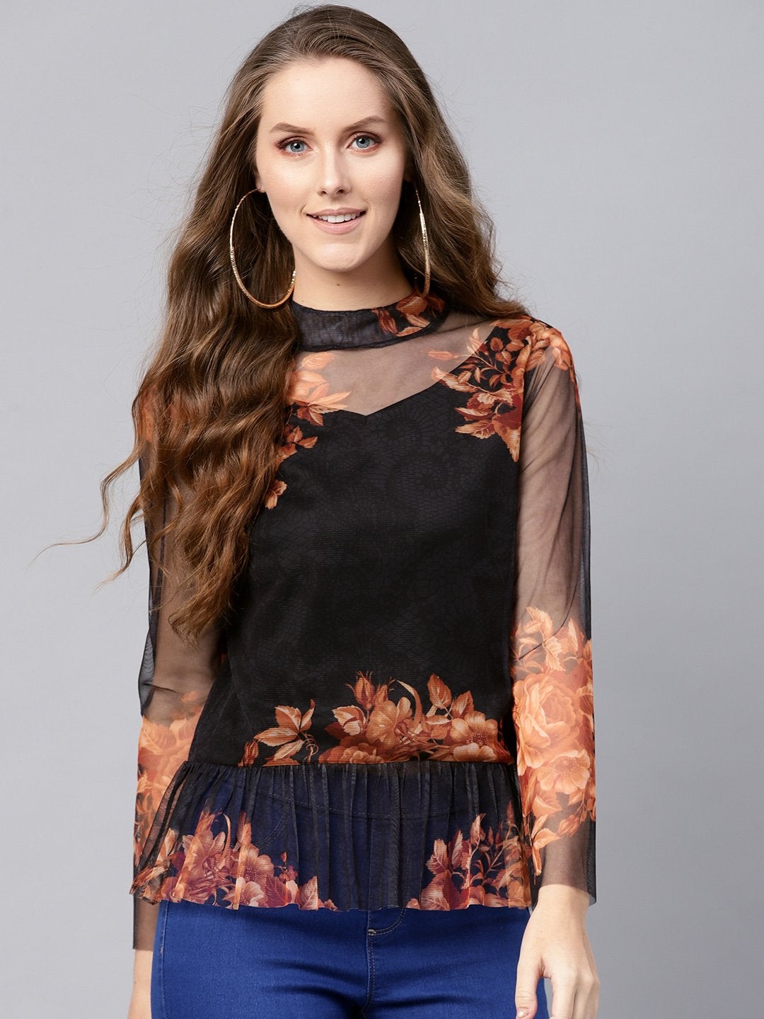 Women's Black Floral Mesh Peplum Top - SASSAFRAS