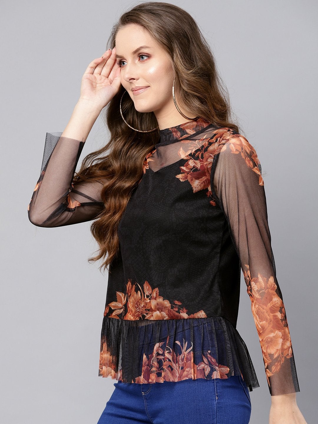 Women's Black Floral Mesh Peplum Top - SASSAFRAS